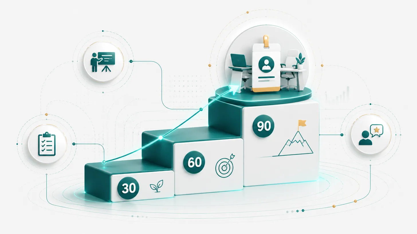 First Hire 30/60/90 Onboarding Guide illustrated overview