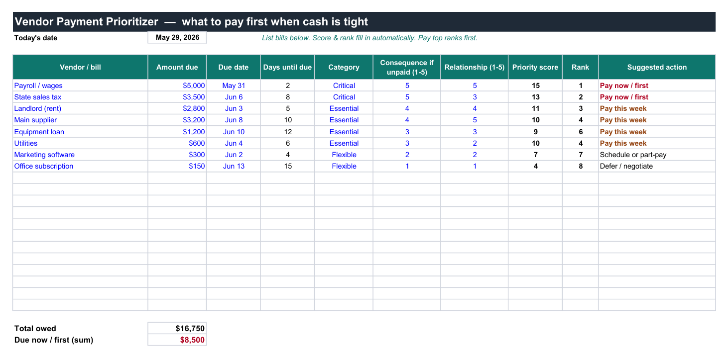 Cash Flow Forecast + Vendor Payment Prioritization Kit real file preview