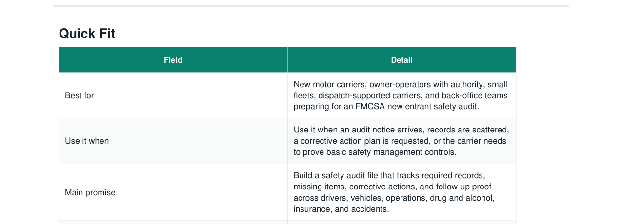 FMCSA New Entrant Safety Audit Response Kit real file preview